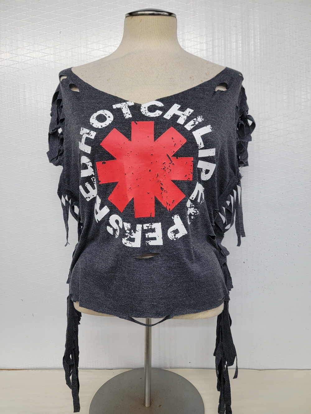 Red Hot Chili Peppers Distressed Band Tee with Fringe- Upcycled Shred